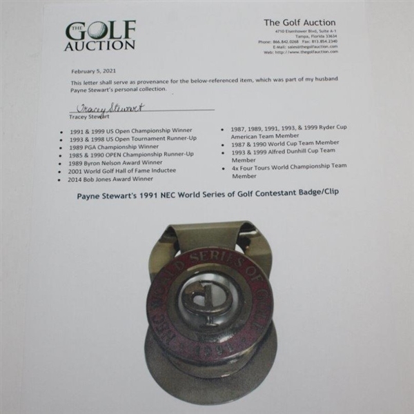 Payne Stewart's 1991 NEC World Series of Golf Contestant Badge/Clip