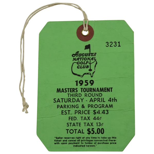 1959 Masters Tournament Saturday Third Round Ticket #3231 with Original String