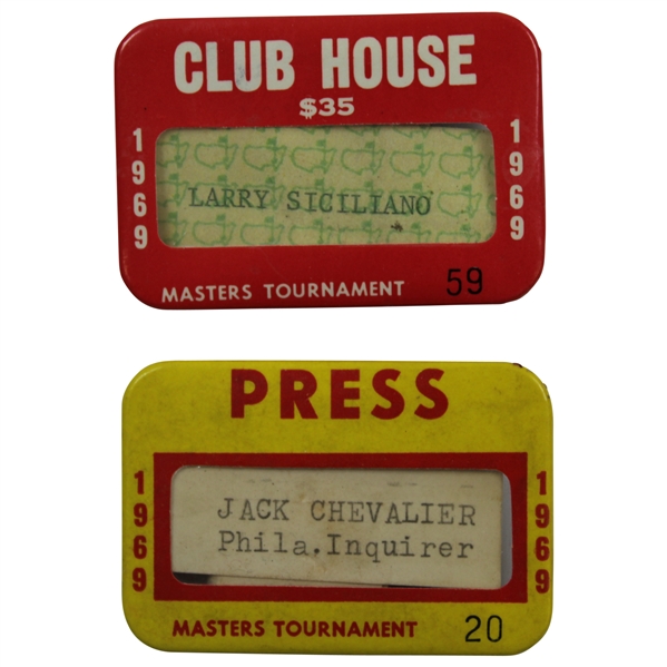 1969 Masters Tournament Press Badge #20 & Club House #59 - Cehavalier & Siciliano