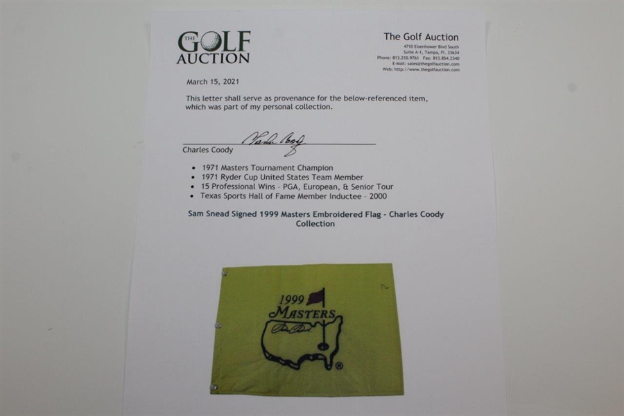 Sam Snead Signed 1999 Masters Embroidered Flag - Charles Coody Collection JSA ALOA