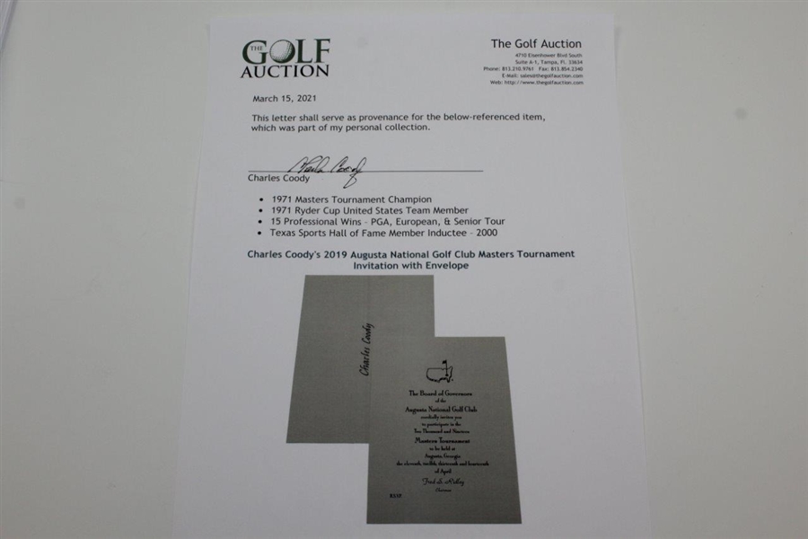 Charles Coody's 2019 Augusta National Golf Club Masters Tournament Invitation with Envelope