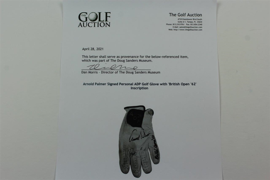 Arnold Palmer Signed Personal ADP Golf Glove with 'British Open '62' Inscription JSA ALOA