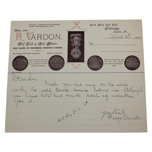 Harry Vardon Signed 1909 Personal 'H. Vardon - Golf Club & Ball Maker' Letterhead JSA ALOA