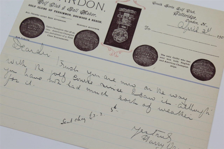Harry Vardon Signed 1909 Personal 'H. Vardon - Golf Club & Ball Maker' Letterhead JSA ALOA