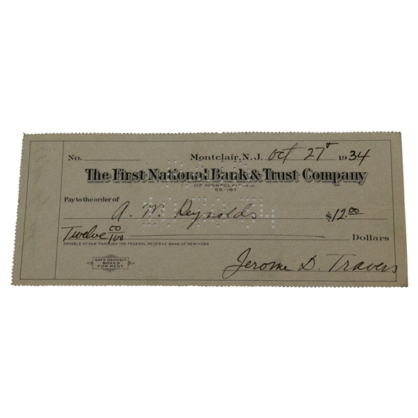 Jerome 'Jerry' Travers signed First National Bank & Trust 1934 Check JSA ALOA