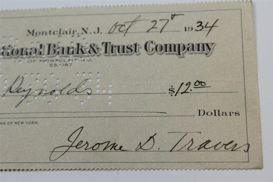 Jerome 'Jerry' Travers signed First National Bank & Trust 1934 Check JSA ALOA