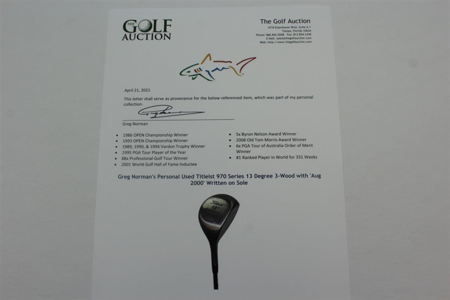 Greg Norman's Personal Used Titleist 970 Series 13 Degree 3-Wood with 'Aug 2000' Written on Sole