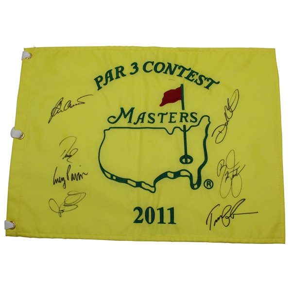 Rory, Rickie Fowler, Crenshaw, Love III, Lehman & others Signed 2011 Masters Par 3 Embroidered Flag JSA ALOA