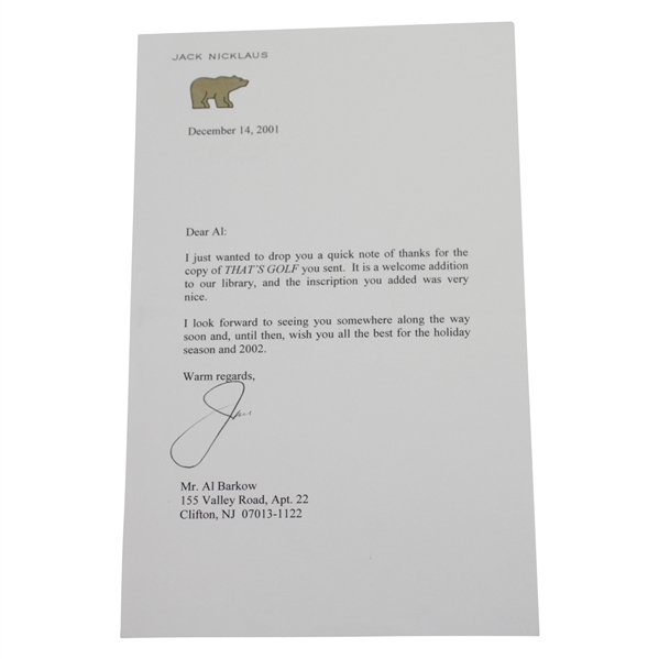 Jack Nicklaus Signed 12/14/2001 Thank You Letter on Letterhead JSA ALOA