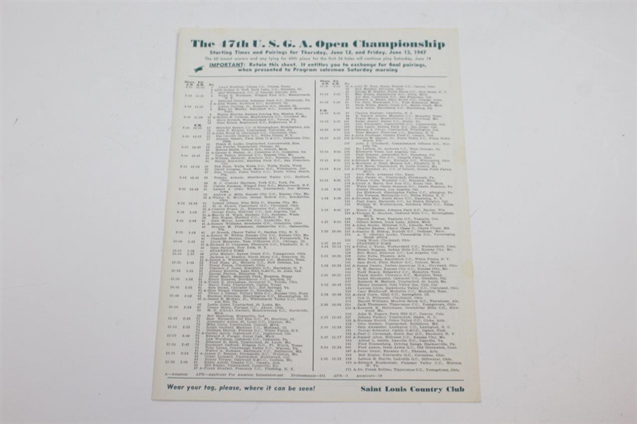 1947 Us Open at St. Louis Country Club Official Program with Pairing Sheet - Lew Worsham Winner