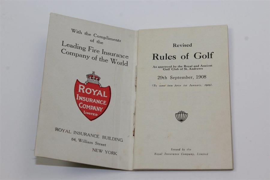 1908 Revised Rules of Golf Booklet Compliments of Royal Ins. Co. - Excellent Condition 