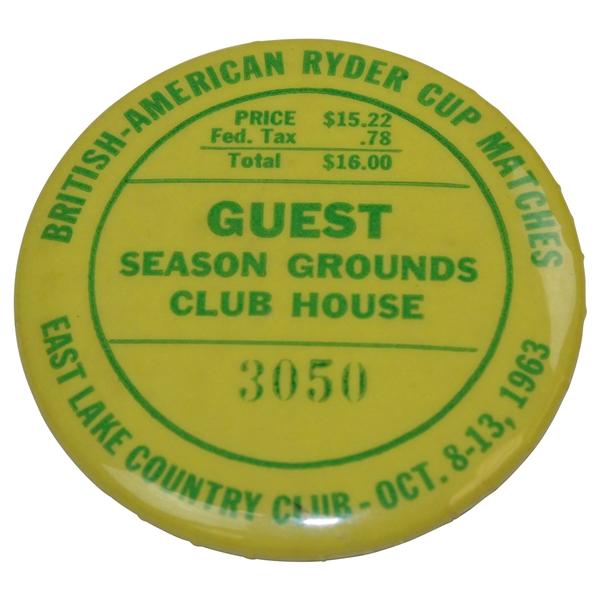 1963 Ryder Cup at East Lake Country Club Season Guest Clubhouse Badge #3050