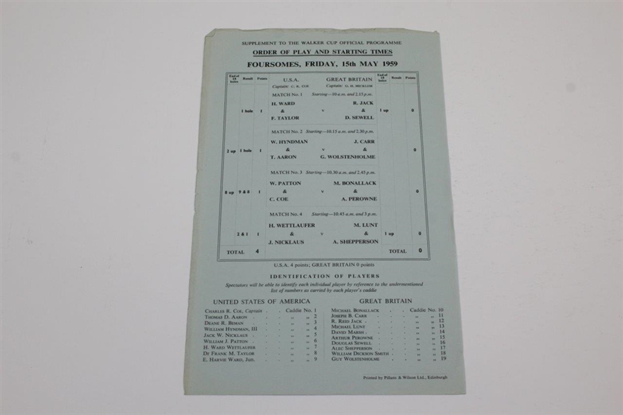 1959 The Walker Cup at Muirfield Official Program with Pairing Sheet - Nicklaus Contestant