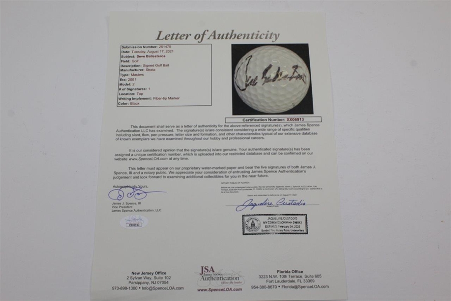 Seve Ballesteros Signed 2001 Masters Logo Golf Ball JSA FULL #XX06913