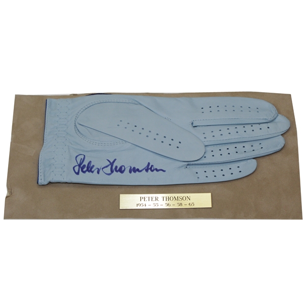 Peter Thomson Signed Mounted Lt Blue Golf Glove with Nameplate JSA ALOA