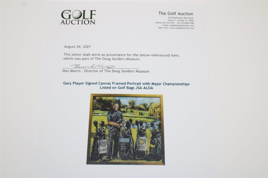 Gary Player Signed Canvas Framed Portrait with Major Championships Listed on Golf Bags JSA ALOA