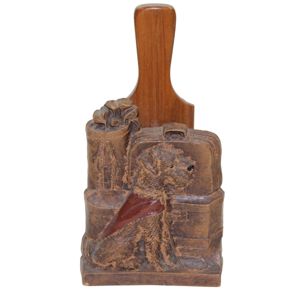 Classsic Unmarked Golf Themed Wood Carved Brush Holder with Bag, Clubs, and a Dog