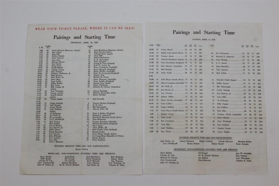 Masters Pairing Sheets: 1964 Friday, 1965 Friday & Saturday, 1969 Thursday, & 1976 Sunday