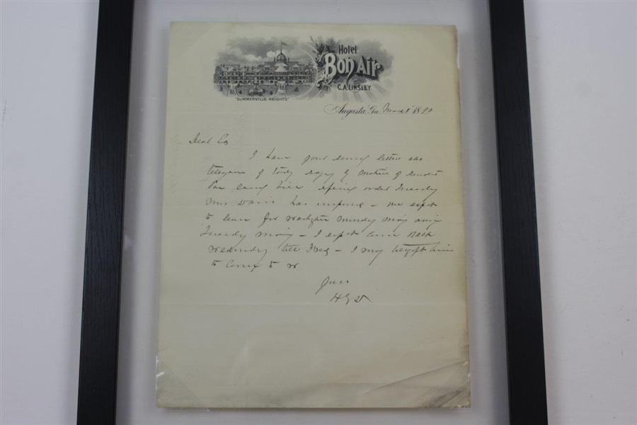 Vintage 1890 Augusta, GA Bon Air Handwritten Letter - Framed