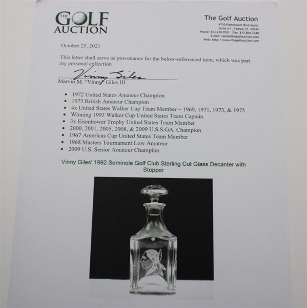 Vinny Giles' 1992 Seminole Golf Club Sterling Cut Glass Decanter with Stopper