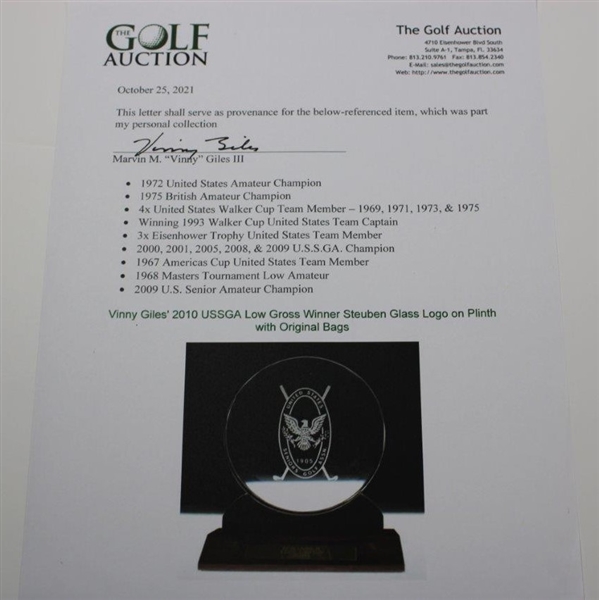 Vinny Giles' 2010 USSGA Low Gross Winner Steuben Glass Logo on Plinth with Original Bags