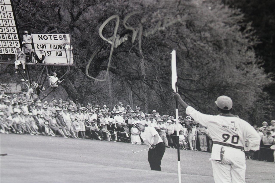 Jack Nicklaus Twice-Signed 1965 Masters 18th Green Chip B&W Photo with Letter JSA ALOA