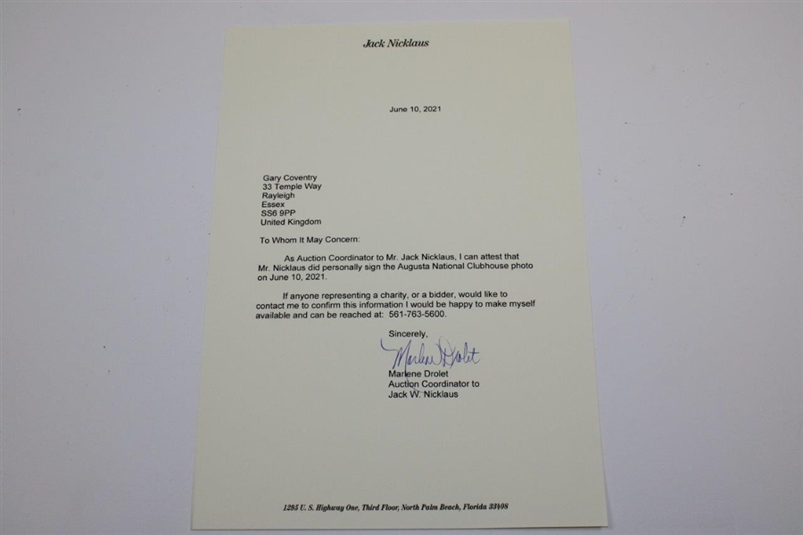 Jack Nicklaus Signed Augusta National Golf Club Clubhouse 'Founder's Circle' Photo with Letter JSA ALOA