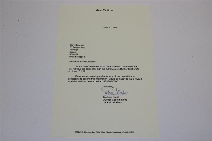 Jack Nicklaus Signed 1986 Masters Bunker Shot Photo with Letter JSA ALOA