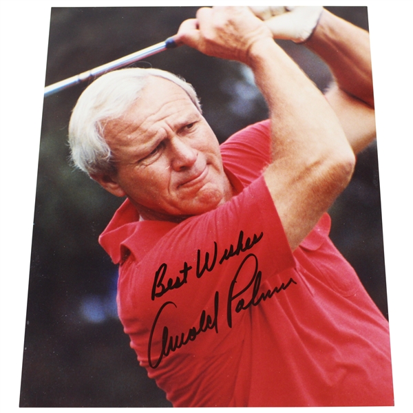 Arnold Palmer Signed Post-Swing in Red Shirt Photo JSA ALOA