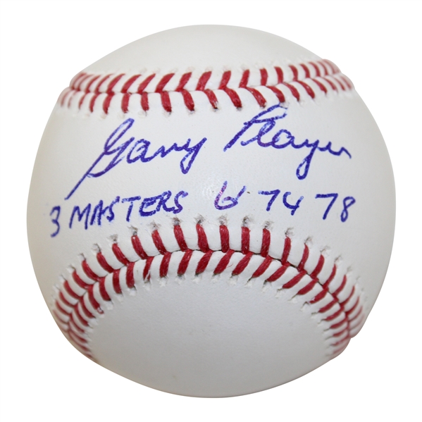 Gary Player Signed Baseball with '3 Masters 61 74 78' Inscription in Case BECKETT Witness #WM05077