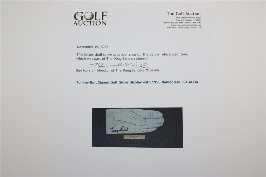 Tommy Bolt Signed Golf Glove Display with 1958 Nameplate JSA ALOA