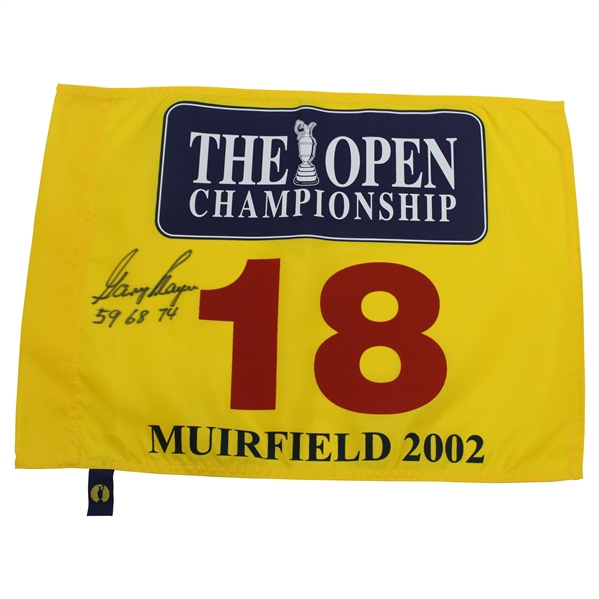 Gary Player Signed 2002 OPEN at Muirfield Screen Flag with Dates Won JSA ALOA