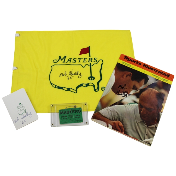 Bob Goalby Signed Masters Flag (w/Year), Sports Illustrated & ANGC Scorecard with 1968 Masters SERIES Badge JSA ALOA