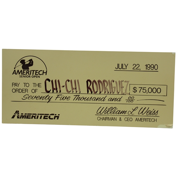 Chi-Chi Rodriguez's Personal Oversize Winner's Check from 1990 Ameritech Senior Open for $75,000