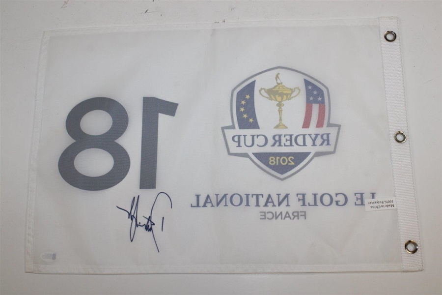 Dustin Johnson Signed 2018 Ryder Cup at Le Golf National Flag BECKETT #E62870