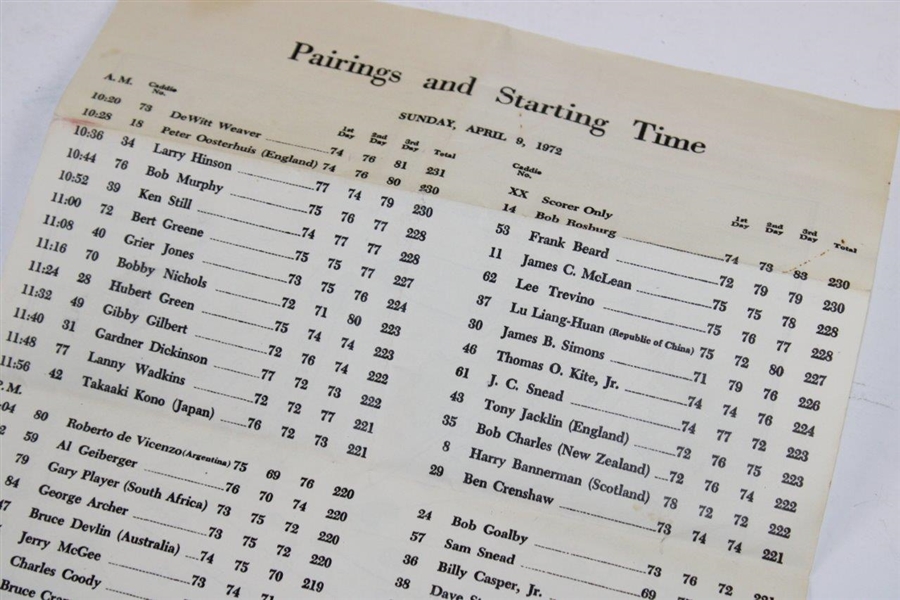 1972 Masters Tournament Official Sunday Final Rd Pairings & Starting Times Sheet
