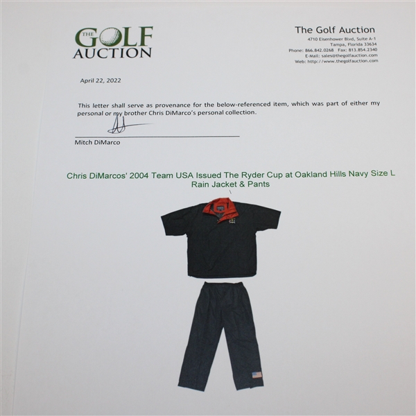 Chris DiMarco's 2004 Team USA Issued The Ryder Cup at Oakland Hills Navy Size L Rain Jacket & Pants