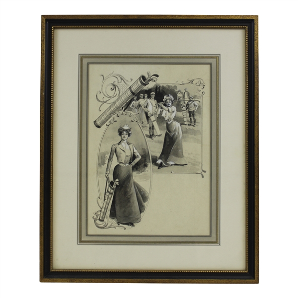 Circa 1900 Lady Golfer Watercolor Painting with Stovepipe Bags - Framed