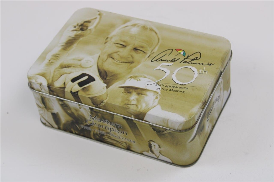 Arnold Palmer 50th Appearance at The Masters Comm. Coin & Golf Balls in Tin