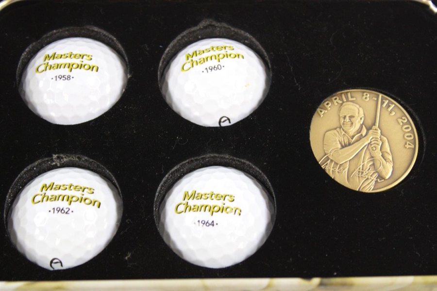 Arnold Palmer 50th Appearance at The Masters Comm. Coin & Golf Balls in Tin