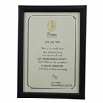 Gary Players Personal 2003 Princes Golf Club Issued Life Membership Certificate - Framed