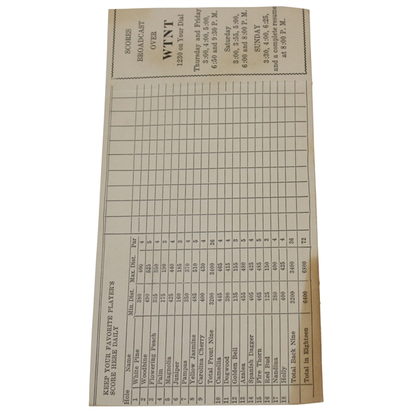 1948 Scorecard for Masters Tournament WTNT Radio Booklet
