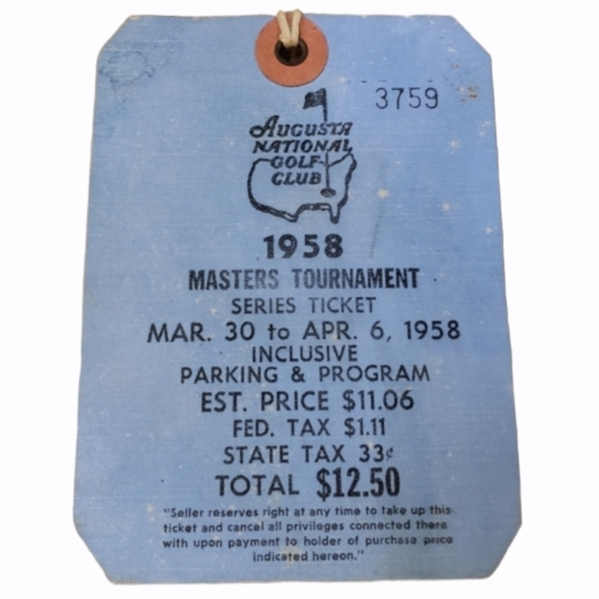 1958 Masters Tournament SERIES Badge #3759 - Arnold Palmer 1st Masters Win