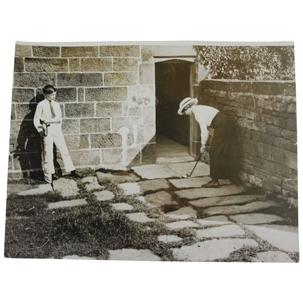 Vintage Lady Golfer Chipping Off stones with Caddy Looking On Daily Mirror Photo - Victor Forbin Collection