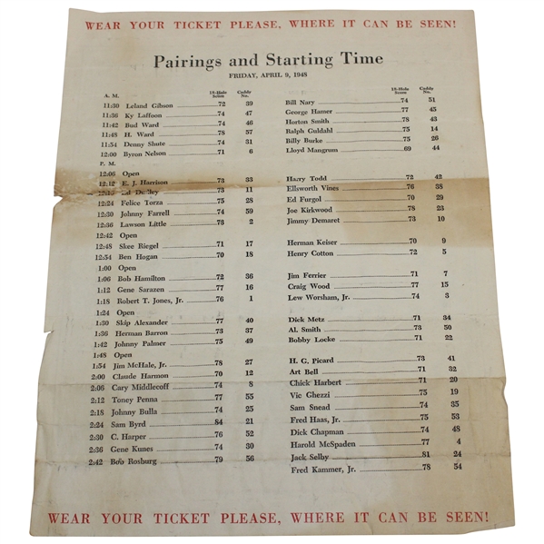 1948 Masters Tournament Friday Pairing Sheet