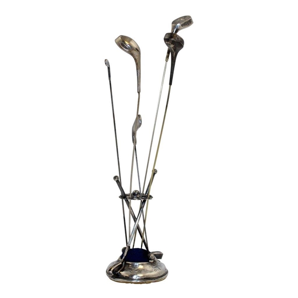 Sterling Silver Pin Stand w/Cross Clubs, 3 Sterling Silver Golf Balls, & 5 Sterling Silver Hat Pins