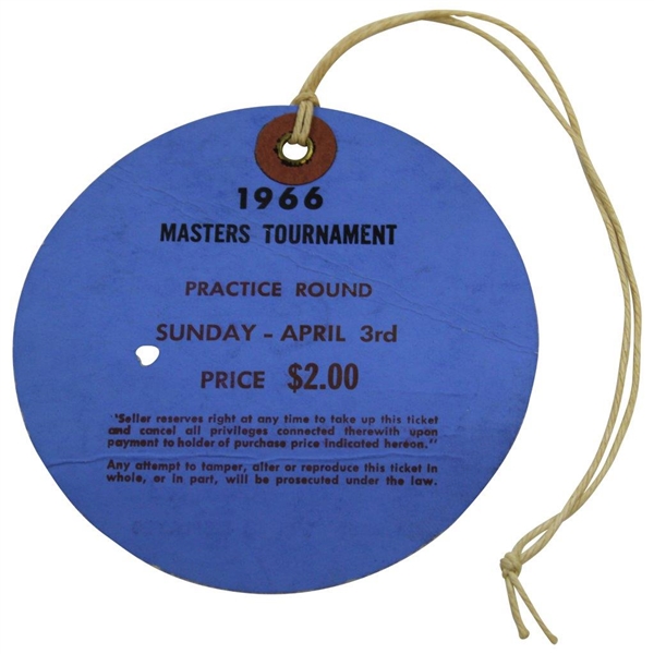 1966 Masters Tournament Sunday Practice Rd Ticket #1021 - Jack Nicklaus Winner