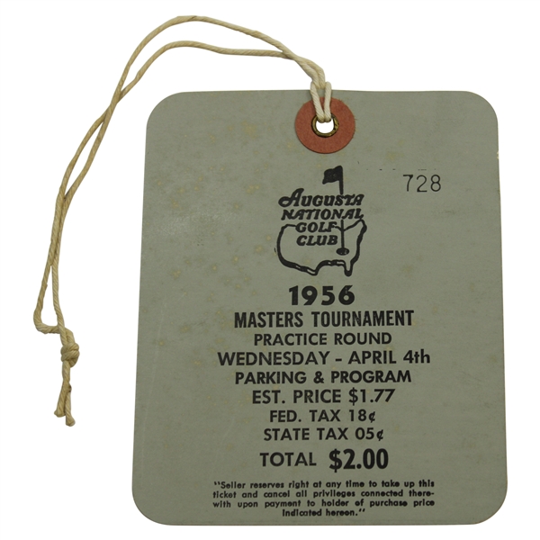 1956 Masters Tournament Wednesday Ticket #728 with Original String