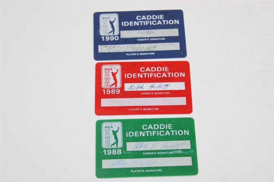 Three (3) Gay Brewer Signed PGA Tour Caddie Identification Cards - 1988, 1989 & 1990 - Ralph Hackett Collection  JSA ALOA