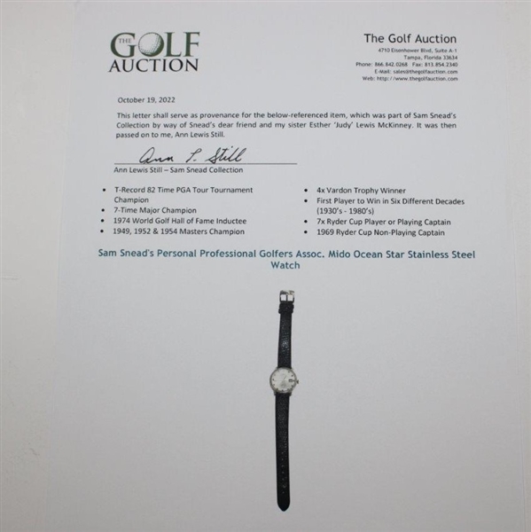 Sam Snead's Personal Professional Golfers Assoc. Mido Ocean Star Stainless Steel Watch